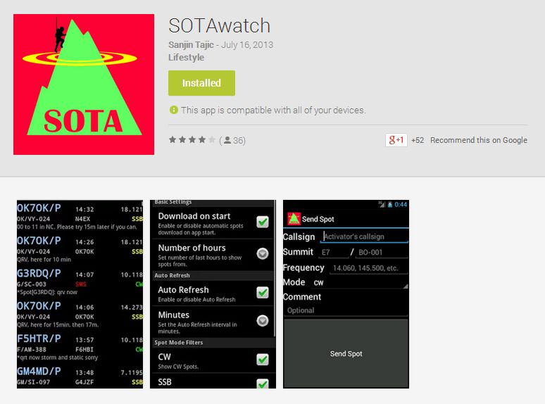 SOTAwatch alkalmazás smartphone-ra